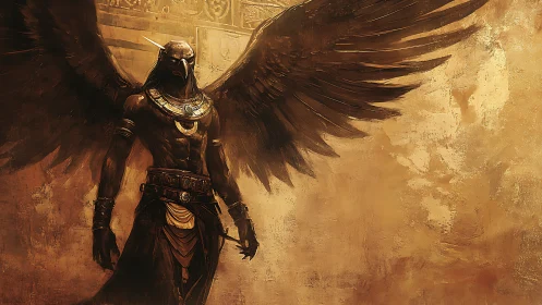 Winged falcon-headed guardian rises from golden desert light