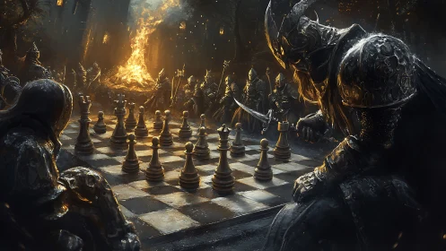 Armored warlords wage a burning chess duel in twilight ruin