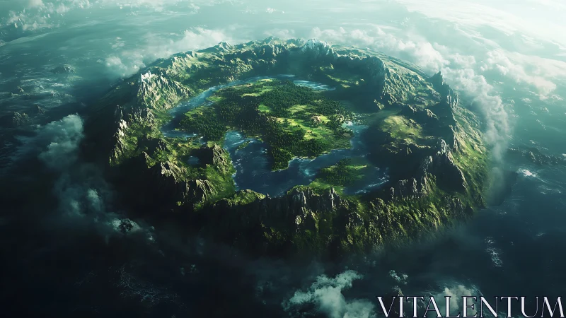 Alpine Valley Aerial View with Mountains and Clouds.