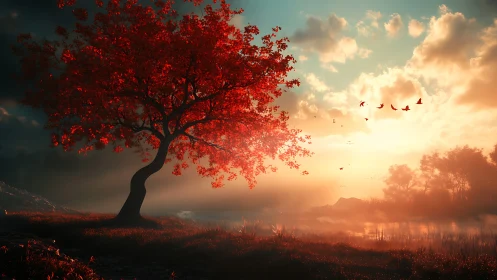 Digital painting of scarlet tree silhouette at luminous sunrise.