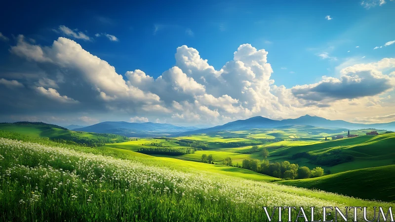 Sunlit green hills roll gently beneath bright summer clouds