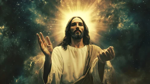 Radiant robed figure before luminous halo in starfield.