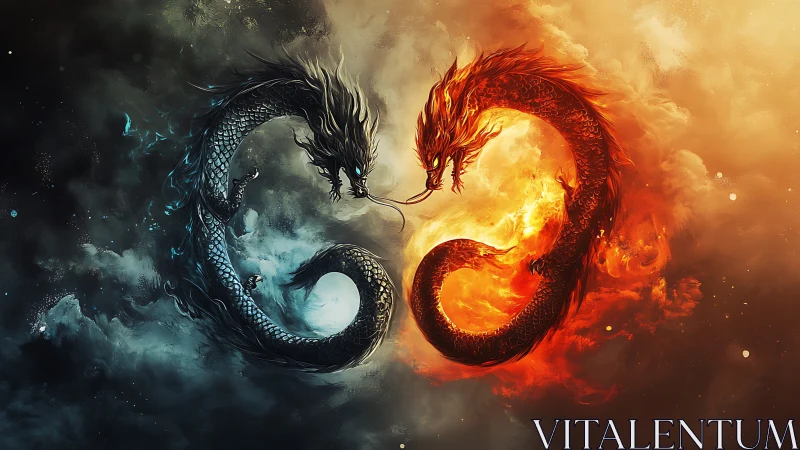 Twin elemental dragons swirling in fiery and frozen harmony.