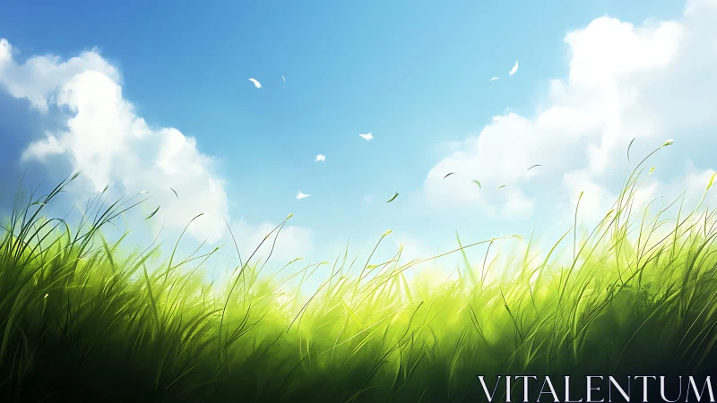 Sunlit meadow grasses sway beneath a bright summer sky.