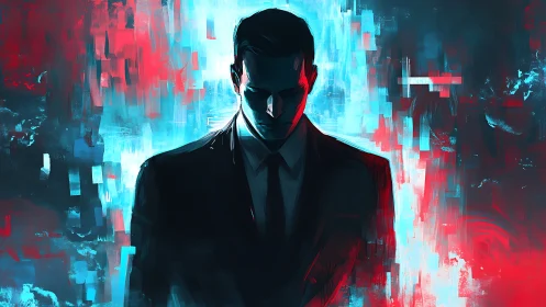 Neon-shadowed agent between glitching red and blue worlds.