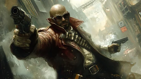 Bald armed figure in red coat in dense urban alleyway.