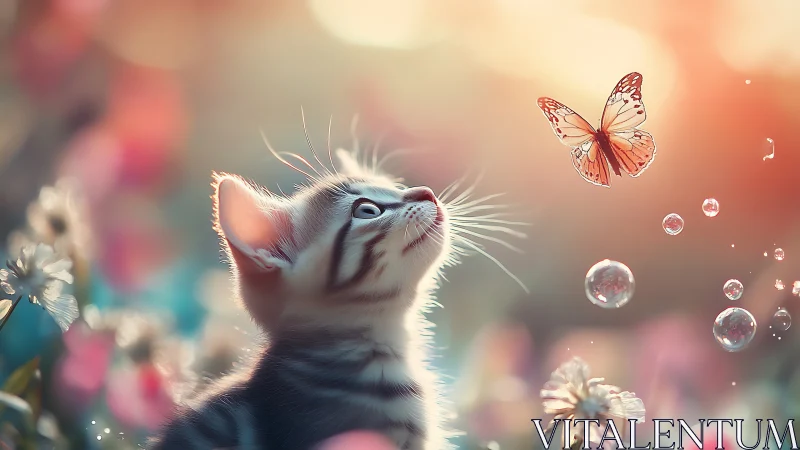 White Kitten Watches Butterfly Among Blooming Flowers.