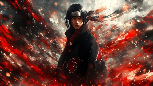 Stoic ninja figure in swirling red and gray energy vortex