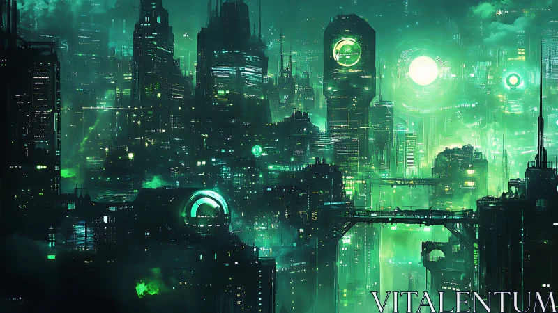 Emerald cyberpunk megacity skyline with luminous data cores