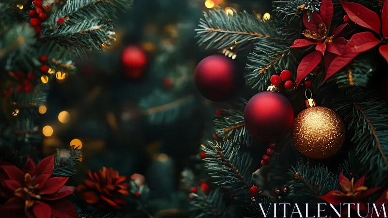 Christmas tree branches with red baubles and golden ornament.