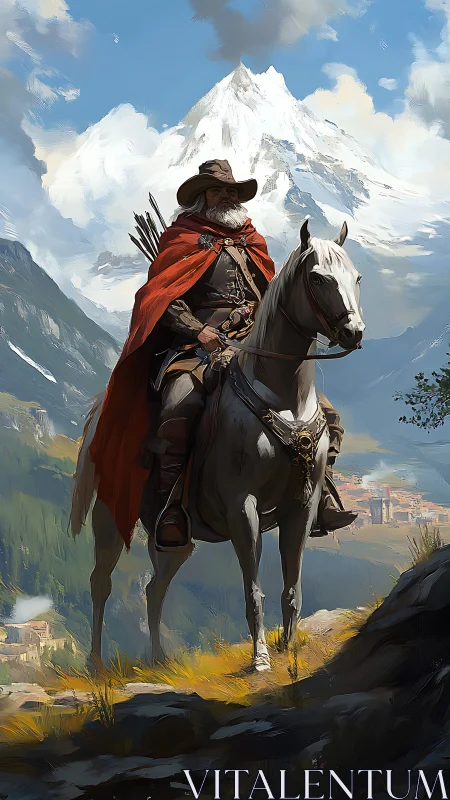 Mountain ranger on horseback surveys sunlit alpine valley.