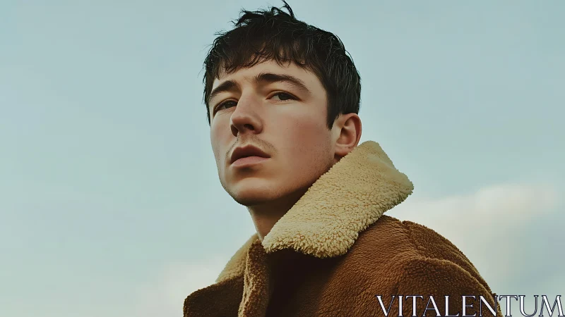 Young man in shearling coat under pale winter sky.