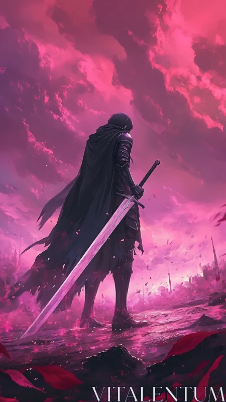 Cloaked swordsman stands in pink storm-lit battlefield