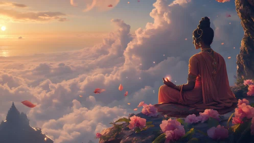 Sunrise clouds cradle a meditating goddess in drifting petals