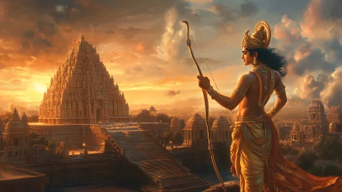 Heroic archer gazes over a glowing golden temple city.