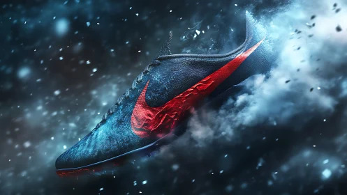 Sports shoe floats in dynamic icy smoke with red accent