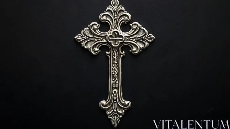 Graceful silver cross with ornate details on deep black.