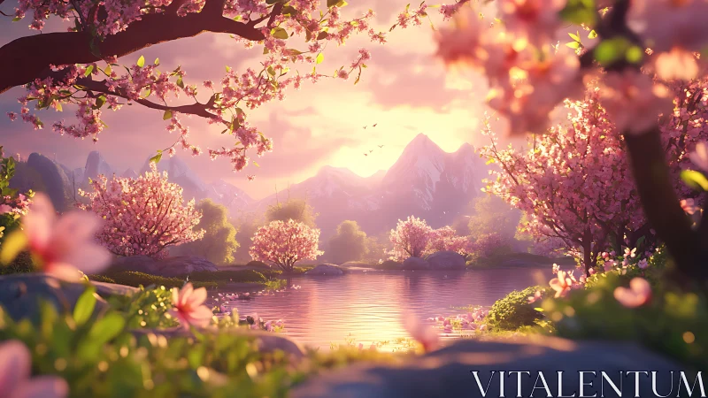Sunset-illuminated cherry blossom lake with volumetric mountain light