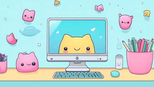 Kawaii desktop workspace with smiling cat character on screen.