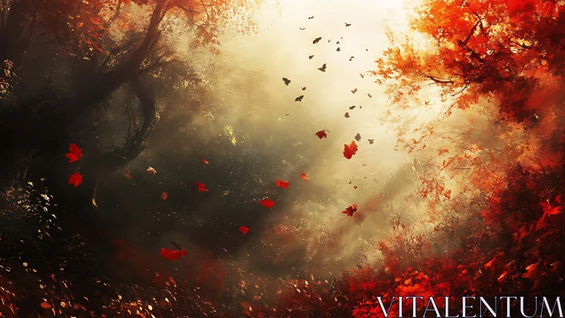 Autumn canopy in radiant backlight with drifting scarlet leaves.