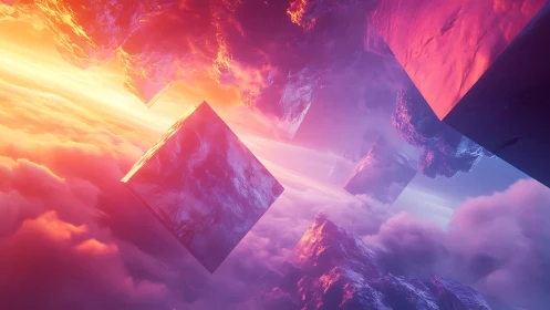 Nebula cubes drift through molten skies of violet dawn.