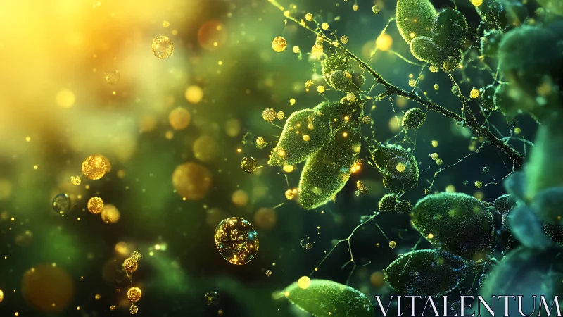 Bioluminescent dew on foliage rendered in luminous macro detail