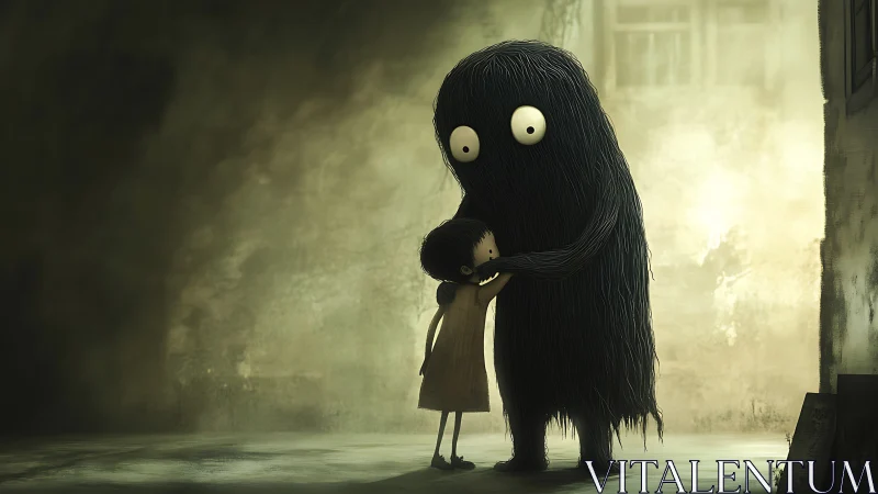 Child and towering shadow creature in muted alley embrace.