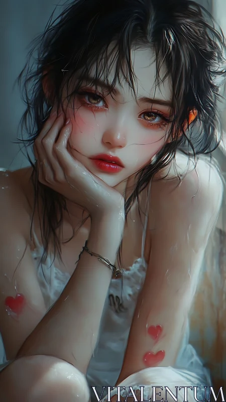 Digital portrait of wet-haired girl with red heart motifs.