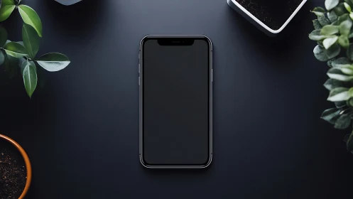 Smartphone centered on dark surface surrounded by potted plants.