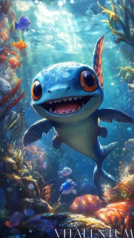 Cartoon sea dragon swims among colorful reef fish underwater