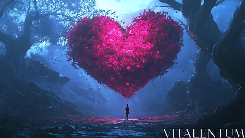 Luminous Heart Floats Above Solitary Figure in Cavern.