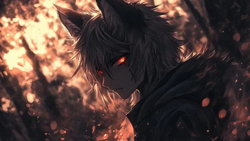 Wolf-eared anime boy glows with ominous ember eyes at dusk.