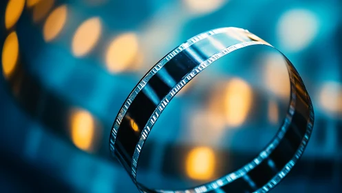 Cinematic film strip glowing in dreamy blue and gold light.