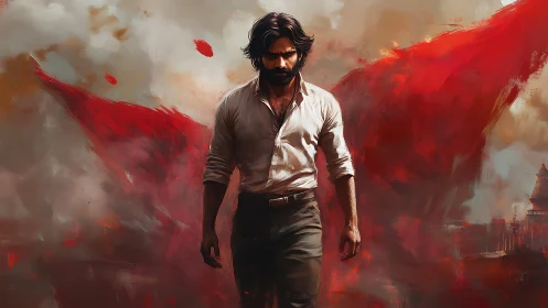 Defiant lone man strides through raging red storm backdrop