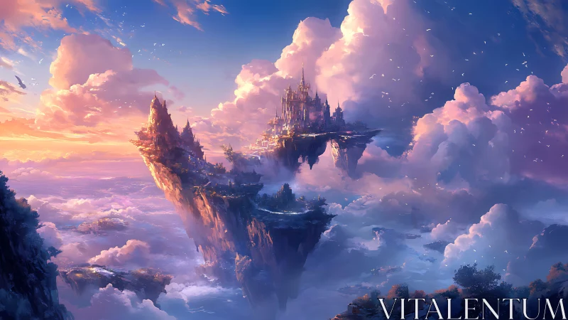 Floating Crystalline Castle Among Luminescent Cloud Formations.
