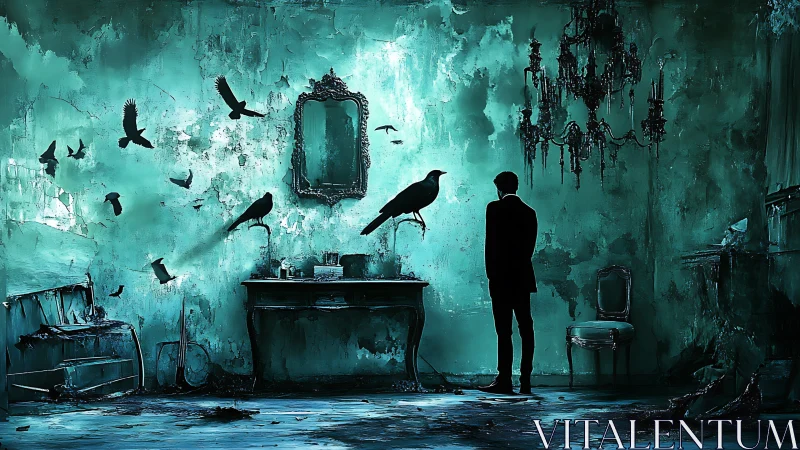 Mystic teal parlor where ravens and quiet thoughts gather.