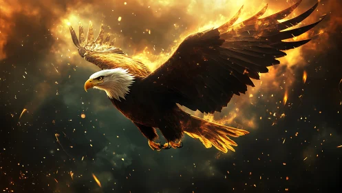 Majestic Bald Eagle Soaring Through Fiery Skies in Dramatic Art.