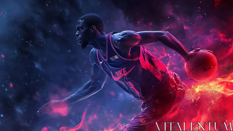 Digital illustration of basketball player in neon flames.