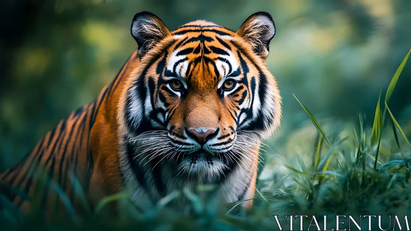 Solitary tiger in dense green foliage, frontal close-up view.