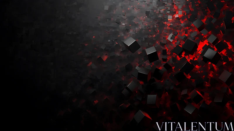 Dynamic 3D Black Cubes Swirling in Abstract Red Digital Art.
