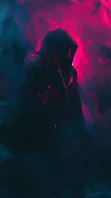 Hooded figure emerges in neon mist and shifting darkness.