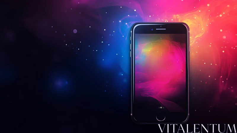 Glowing smartphone floating in vivid neon particle clouds.