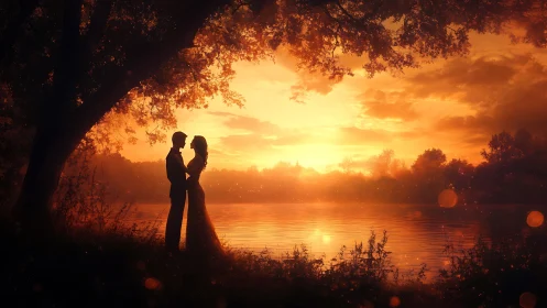 Romance Silhouetted Against Golden Sunset Over Water.