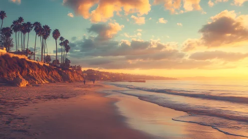 Sunlit palm cliffs above a serene Pacific shoreline at dusk.