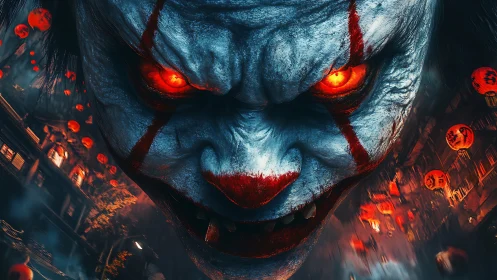 Demonic clown face dominates neon lantern street scene.