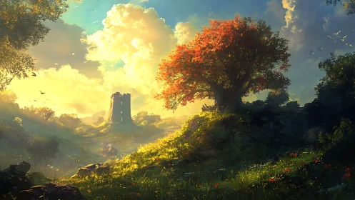 Sunlit red tree above ruin tower in lush fantasy valley.