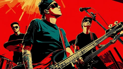 High-contrast vector illustration of rock trio on stage