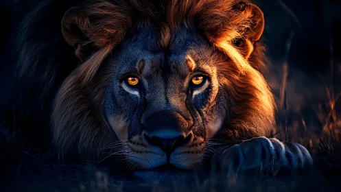 Low key lion portrait with dramatic rim lighting focus.