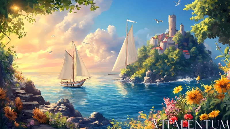 Sunlit sailboats glide toward a dreamy island castle haven.