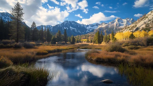 Golden valley river under bright mountains and drifting clouds.